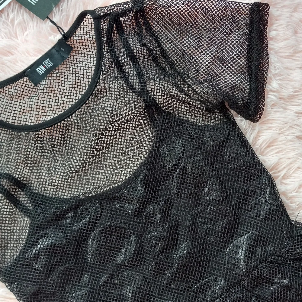 😵Fishnet overlay iron fist babydoll style "Skullz Club Mini Dress" ☠ Gothic nwt - Picture 10 of 16